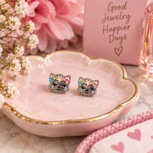 Silver Cat Stud Earrings, Floral Kitty Face, Enamel Flower Cute Kawaii Jewelry